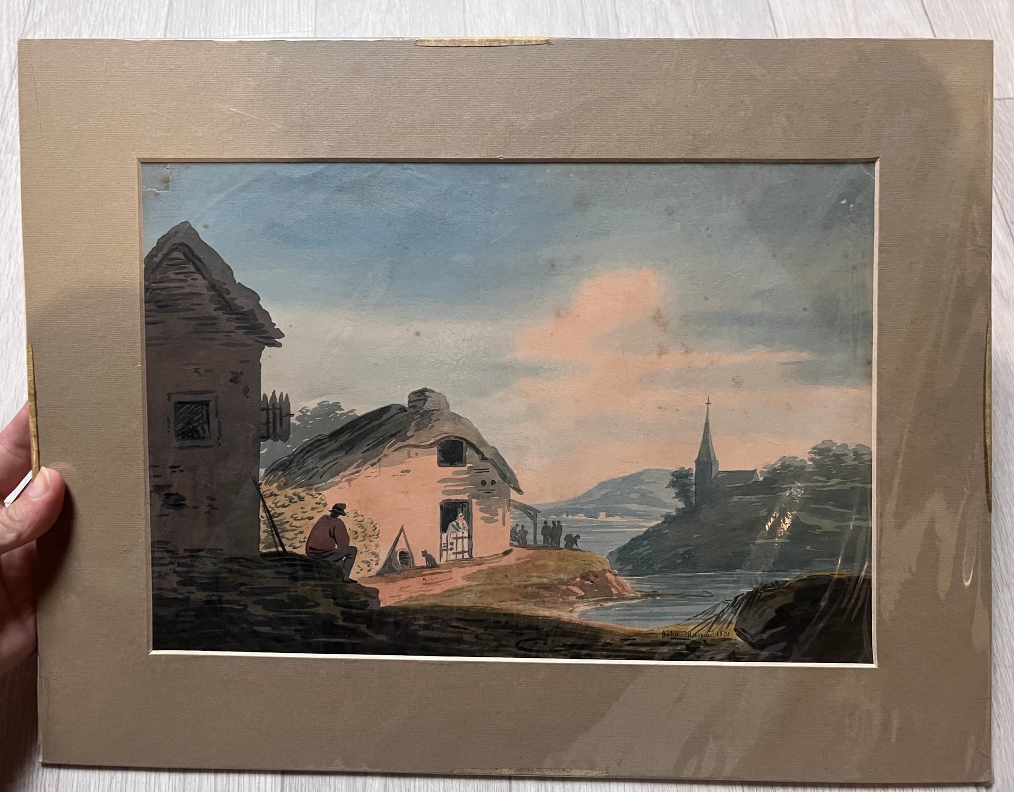 Drawing John MUSSARD (XIX) Lake Landscape with Man image 2