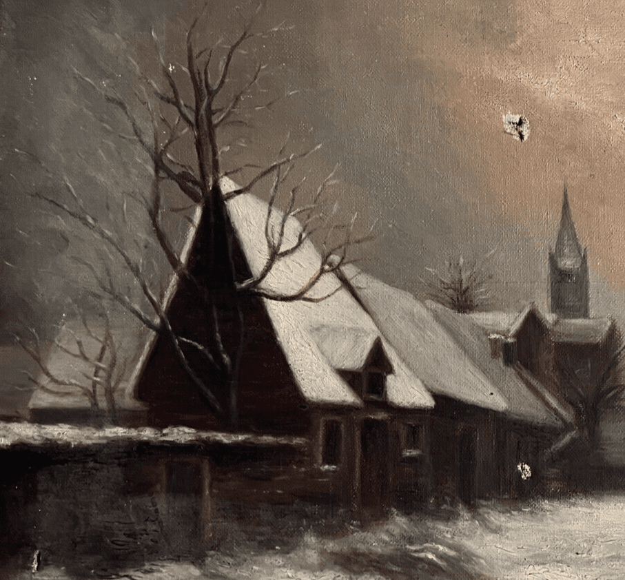 Antique Original Painting Landscape signed Winter Village Horse Landscape image 3