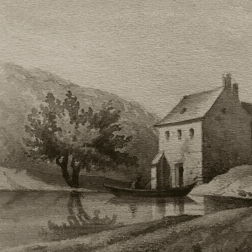 Antique Ink Drawing House Landscape, Boat  and Figures 1862 image 2