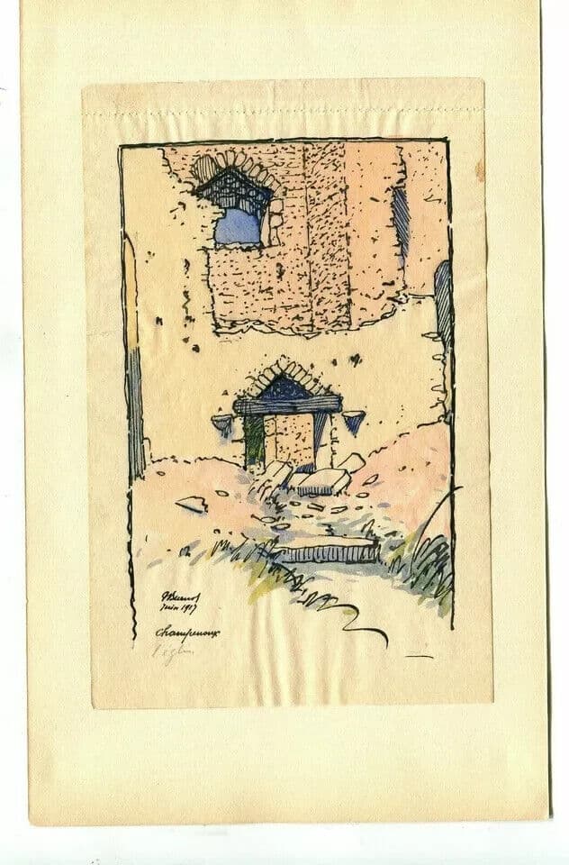 Vintage Ink Drawing Original signed Ruins House, Champreux, Lorraine 1917 image 4
