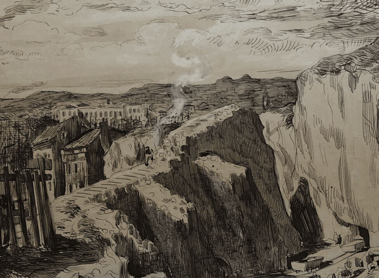 Vintage Original Drawing Cityview Mountain, Fire, Landscape, Fire