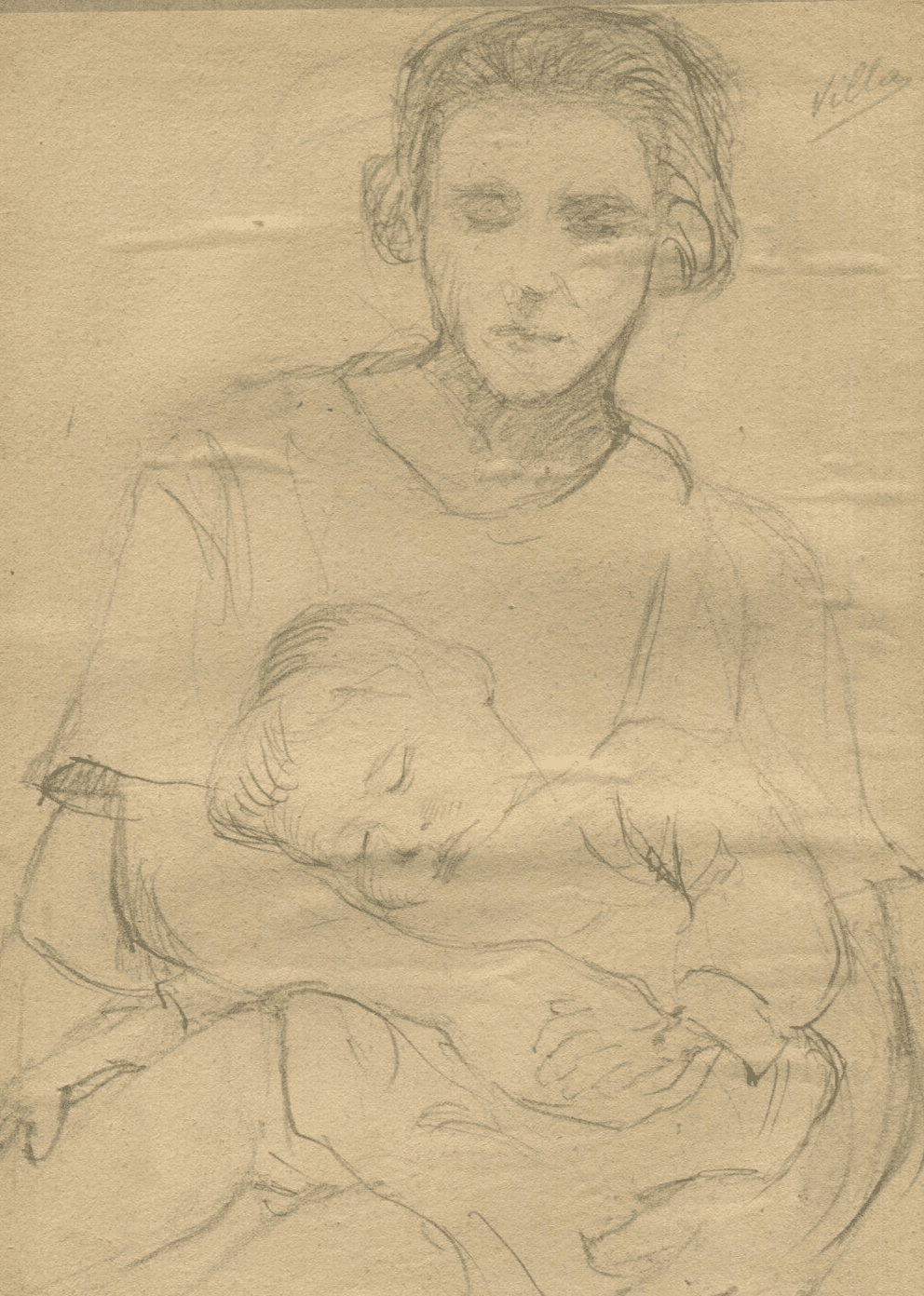 Antique Pencil Drawing Original Woman Portrait, Baby, Mother signed image 1