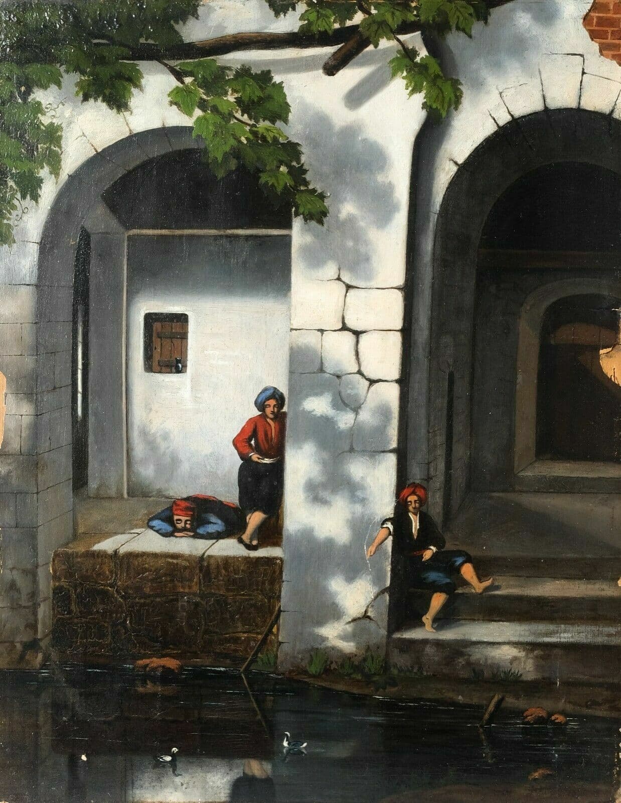 Orientalist Painting Turkish Bath Scene with People image 1