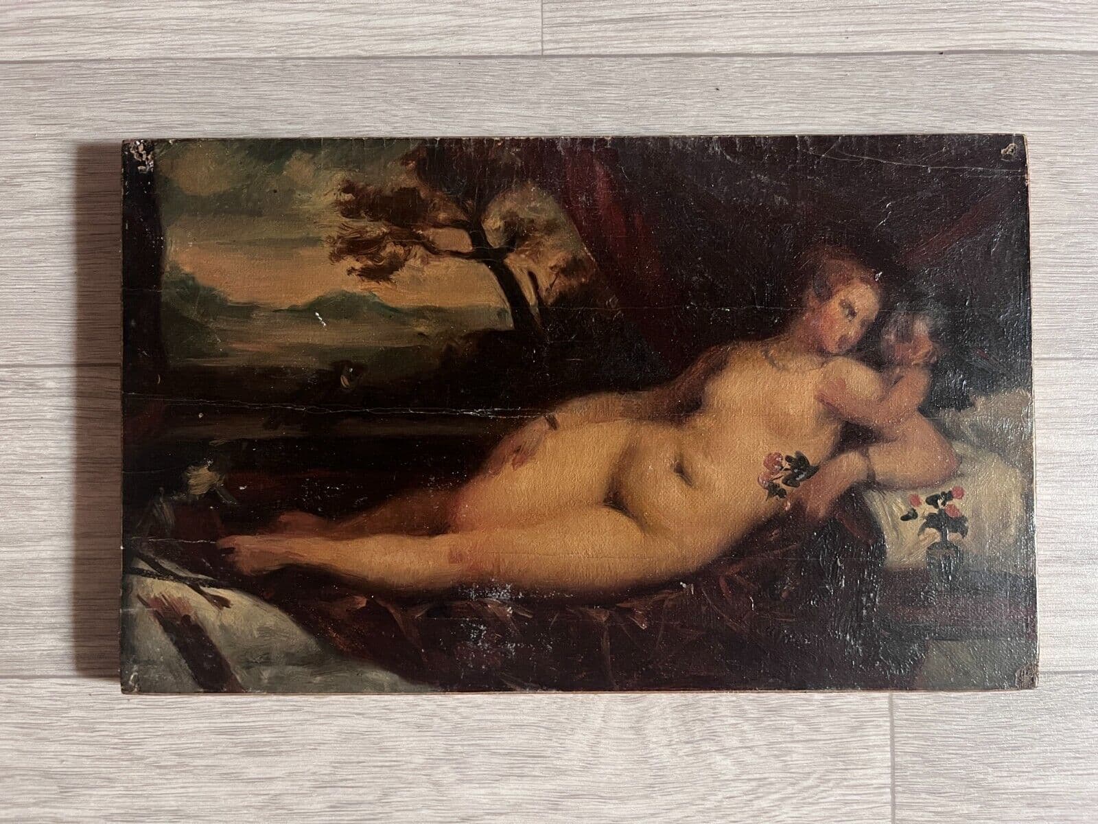 Antique Oil Painting Original Woman, Portrait, Venus, Cupidon, Angel, Nude image 2