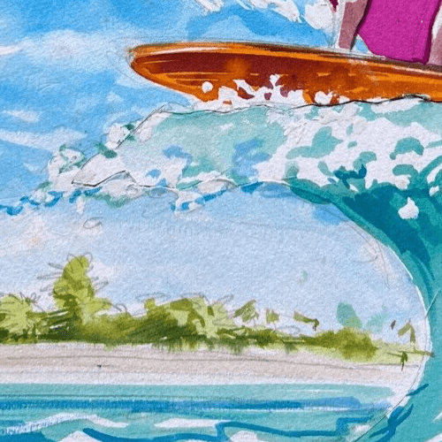 Vintage Ink Original Drawing Man Surfing, Sea, Holidays, Vacation image 4