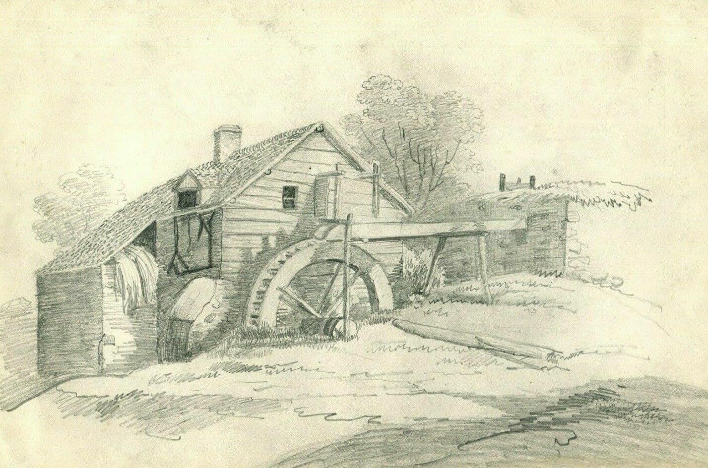 Vintage Pencil Original Drawing Landscape with a Watermill