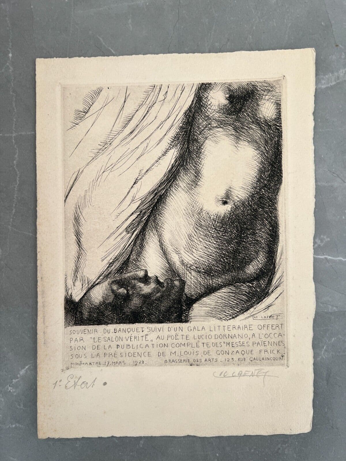 Antique Etching Original Luc LAFNET (1899-1939) Nude, Gala, Rare image 2