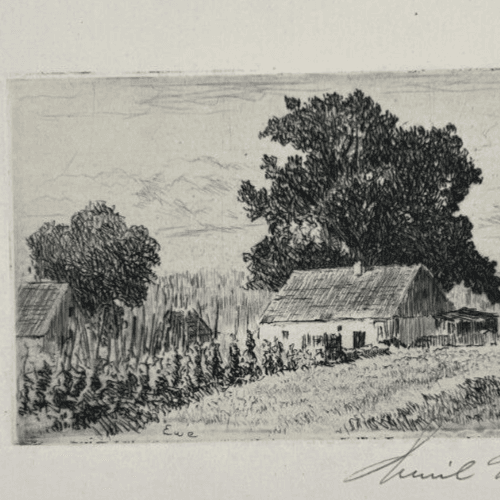 Antique Etching Original Landscape, Forest, Trees, House, Garden image 5