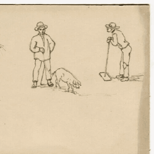 Vintage Pencil Original  Drawing Couple Portrait, Man with Pig image 3