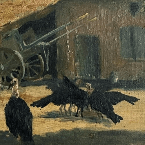 Antique Painting Original 19th Farm Farm House Birds Landscape image 3