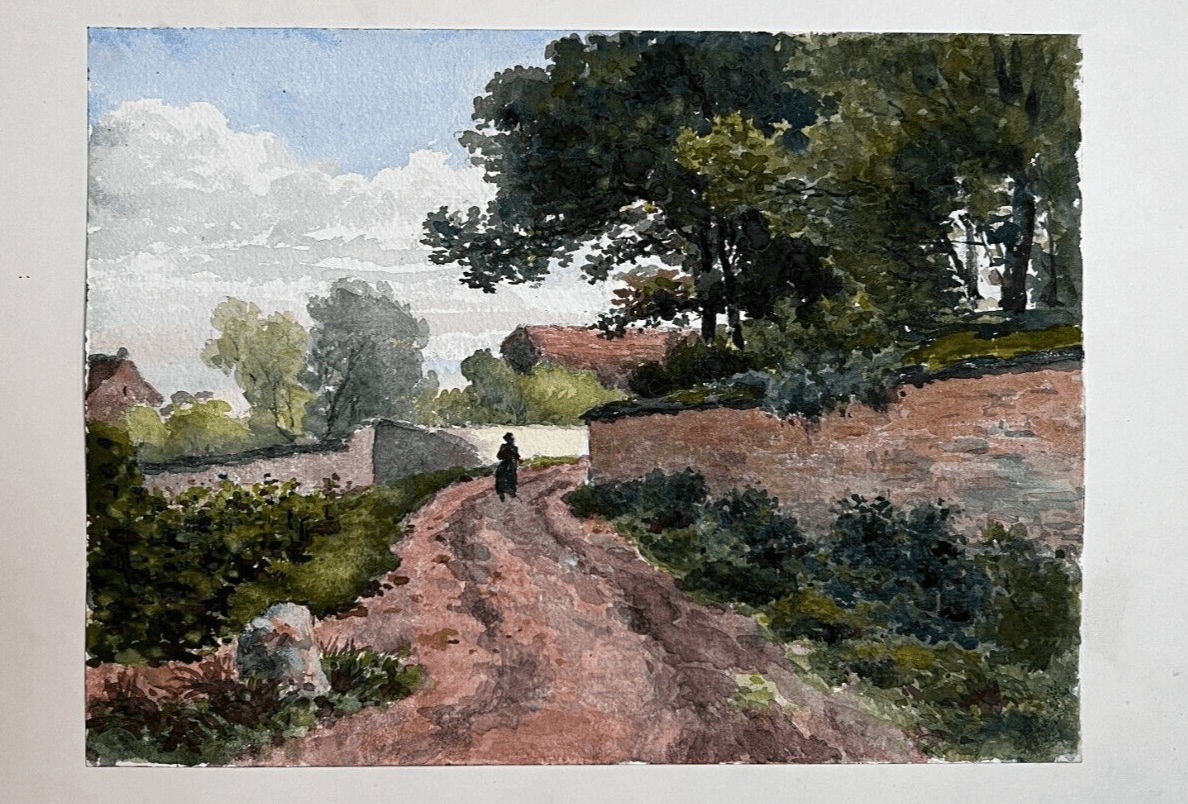 Antique Drawing Original Landscape, Cityview and People image 4