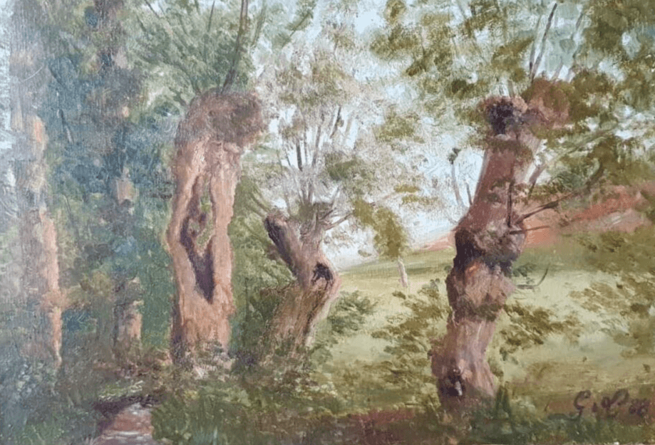 Antique Painting Original Landscape, Forest, Trees, Rocks signed 1888 image 1