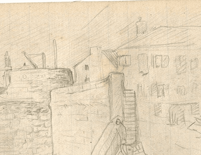 Vintage Pencil Drawing Original Houses, Landscape, Maritime, Docks image 3