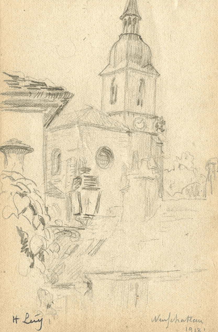 Antique Drawing Original signed Landscape, Village, Church, Neufchateau 1918 image 1