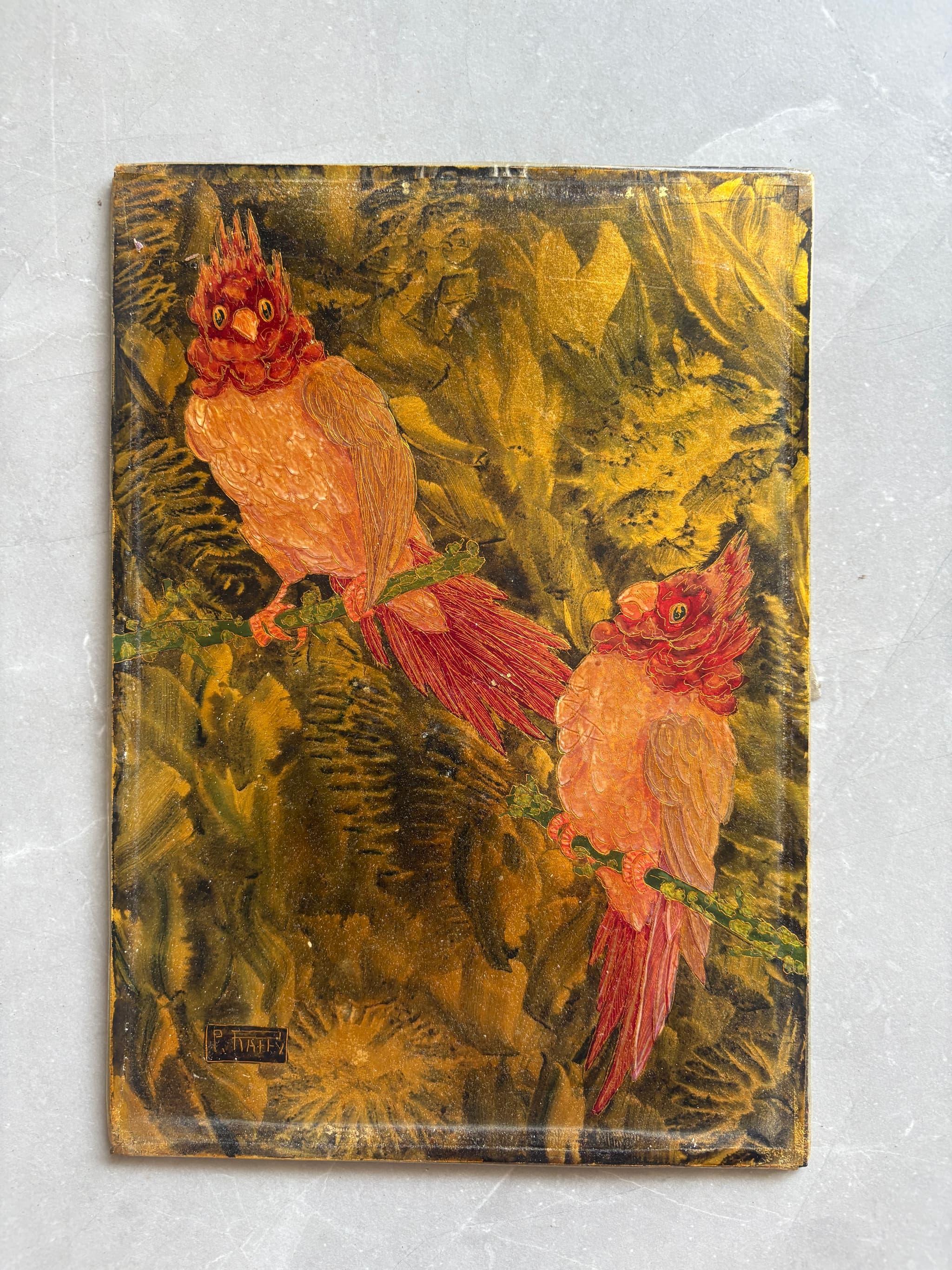 Vintage Oil Painting signed Paul RAFFY (XX) Perrots Birds, Art Deco Framed image 1