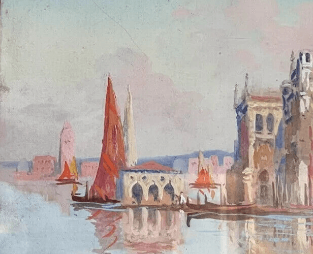 Antique Oil Painting Venice Cityview Landscape Building, Canal, Boat Framed image 4