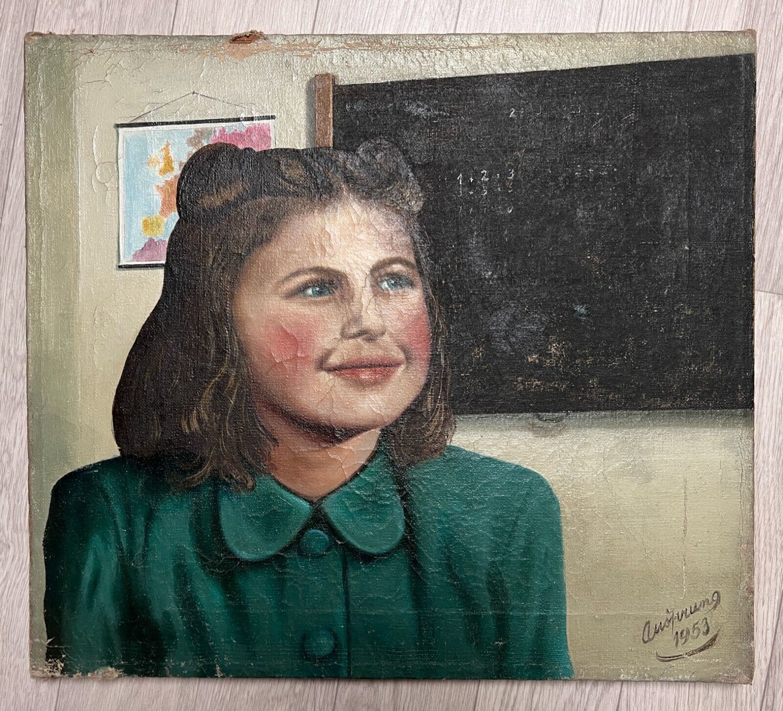 Antique Oil Painting canvas signed Young Girl Portrait, Classroom, Map image 2