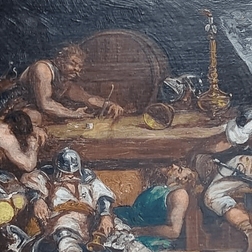 Antique Original Painting Old 19th Century Buffet Scene with Figures Drinking image 6