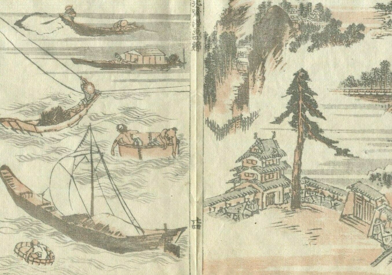 Antique Japanese WoodPrint Boat, Temple and Fir c. 1890 Asian Art Print Ukiyo-e image 1