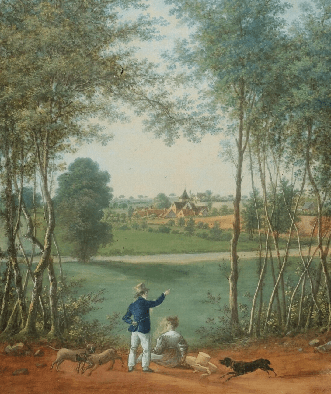 Antique Old Painting attrib Camille Pierre MORET (1803-1871) Couple with Dogs