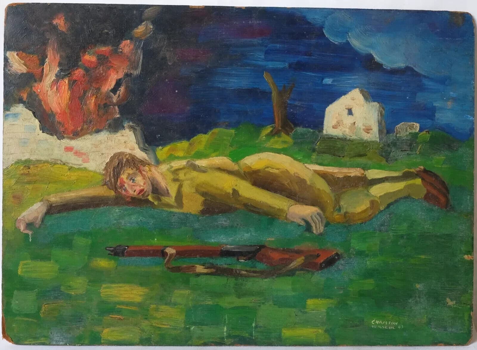 Vintage Oil Painting Military Man on the Grass with a Riffle 1947 image 2