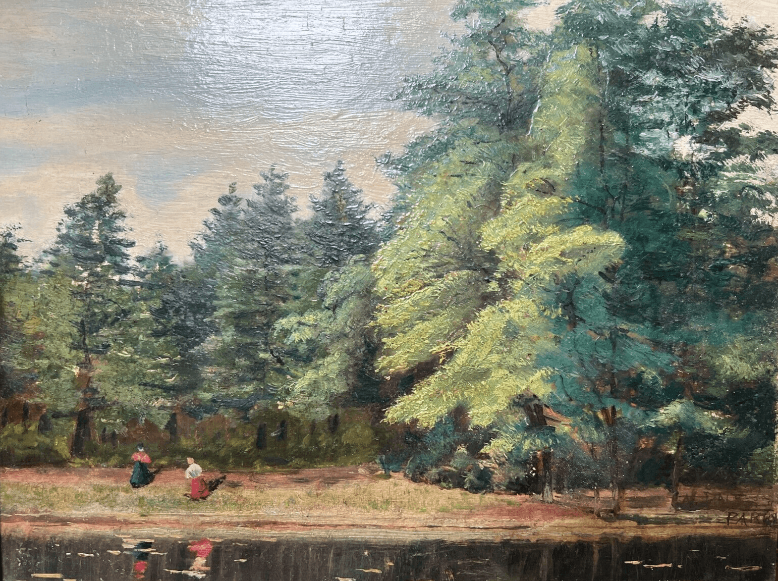 Antique Painting Original Landscape, People,Lake, Trees, Forest signed 19th