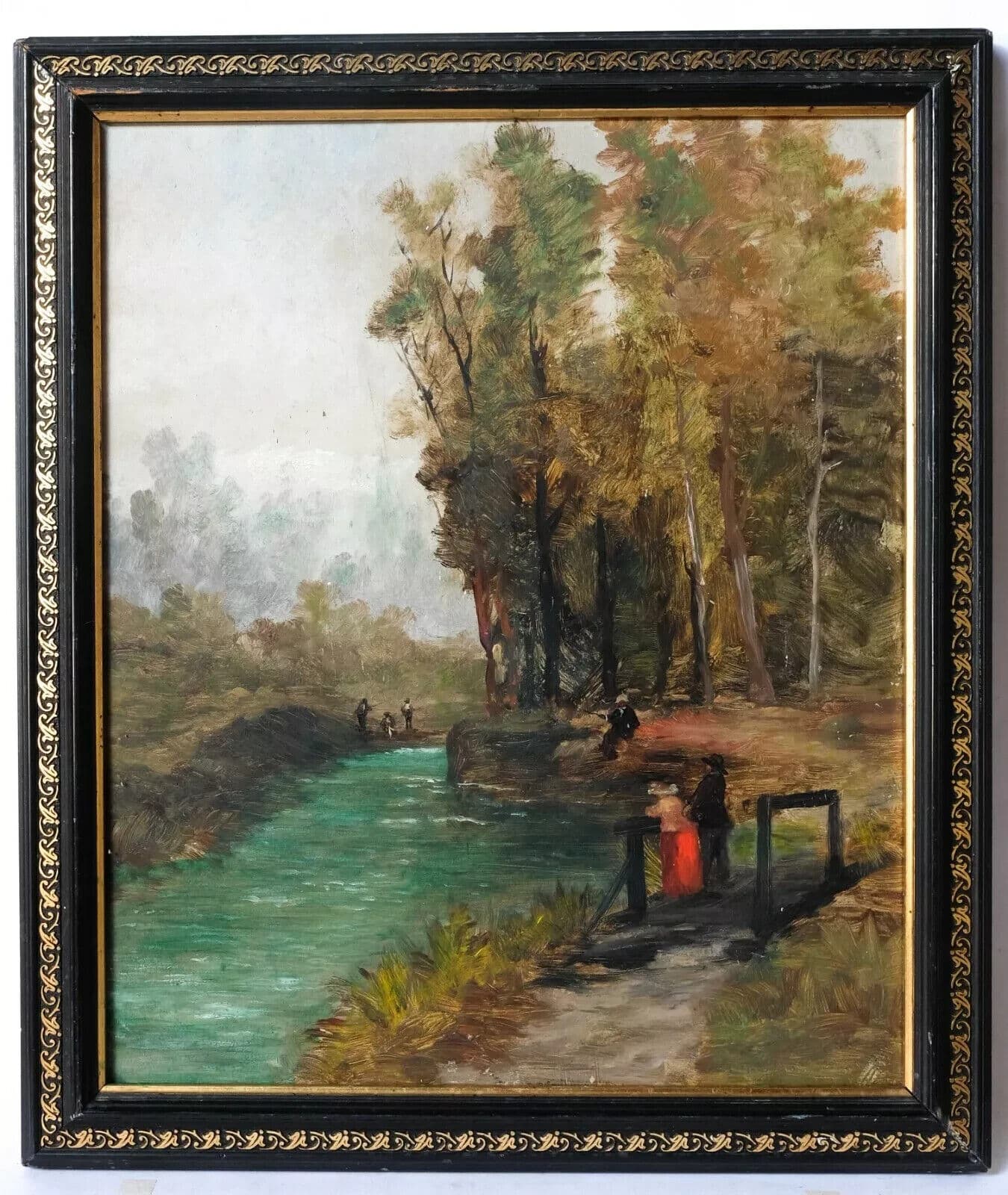 Antique Oil Painting Original Landscape, People on a Bridge Framed image 6