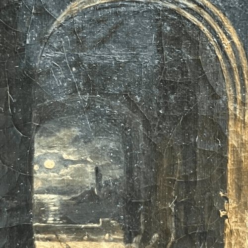 Antique Original Painting Seaview, Man, Port, Cityview, Moon, Night image 3