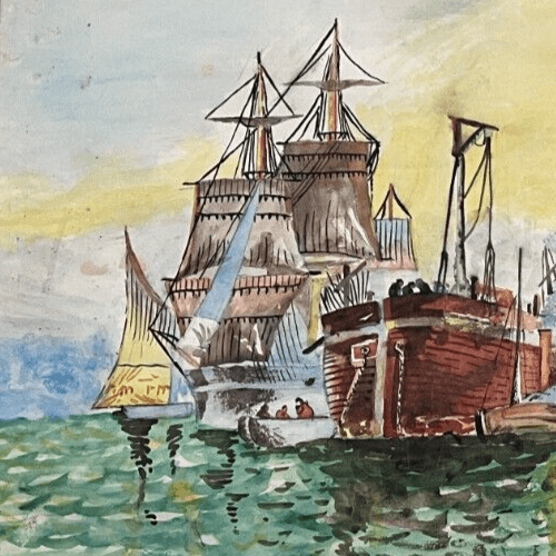 Antique Original Drawing Seaview, Boars, People, Sunset, Landscape image 6