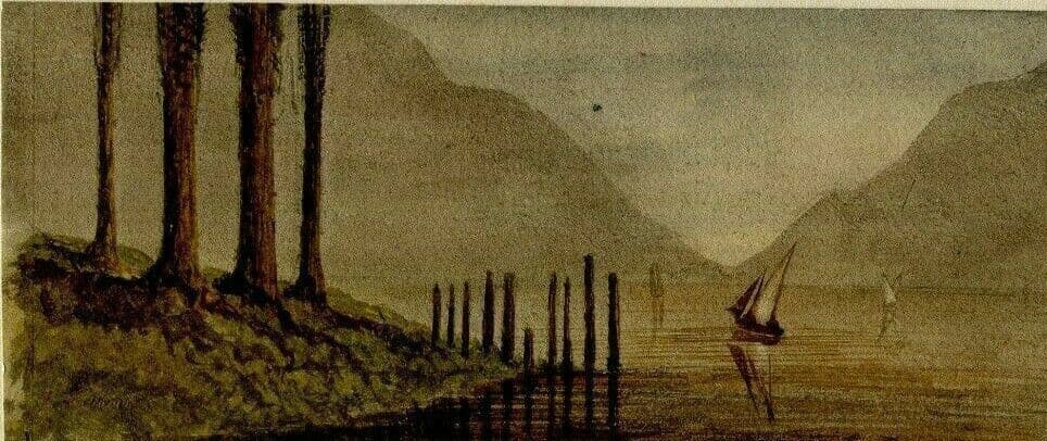 Antique Drawing Original signed Geneva Lake, Switzerland Landscape image 1