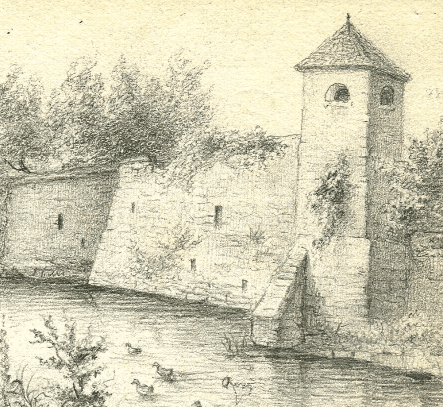Antique Pencil Drawing Original Wall Landscape River, Duck, Tree, Cityview image 4