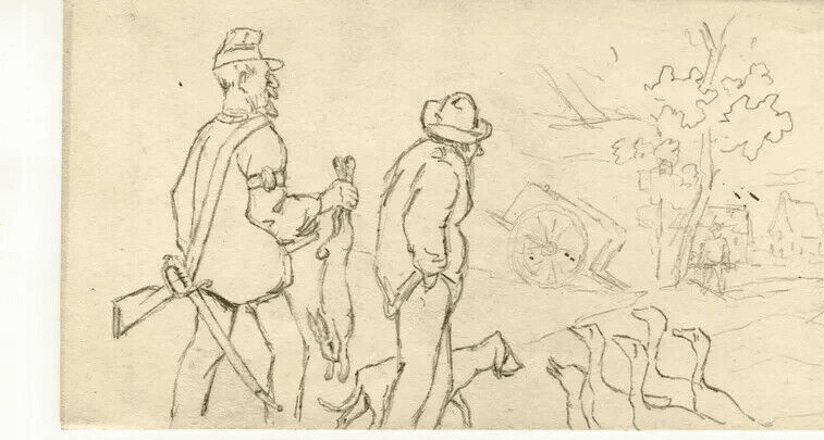 Vintage Original Pencil Drawing Men Hutting, People, Ducks, Rabbit Artwork image 7