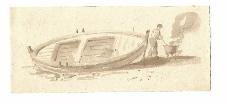 Antique Ink Original Drawing Man, Fire, Boat, Maritime, Beach, Seascape image 4