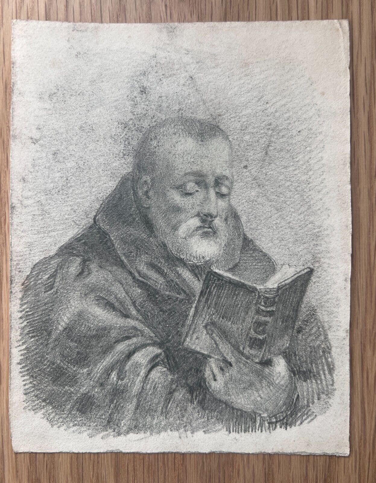 Antique Drawing Original Religious Man Portrait with Book 19th century image 6