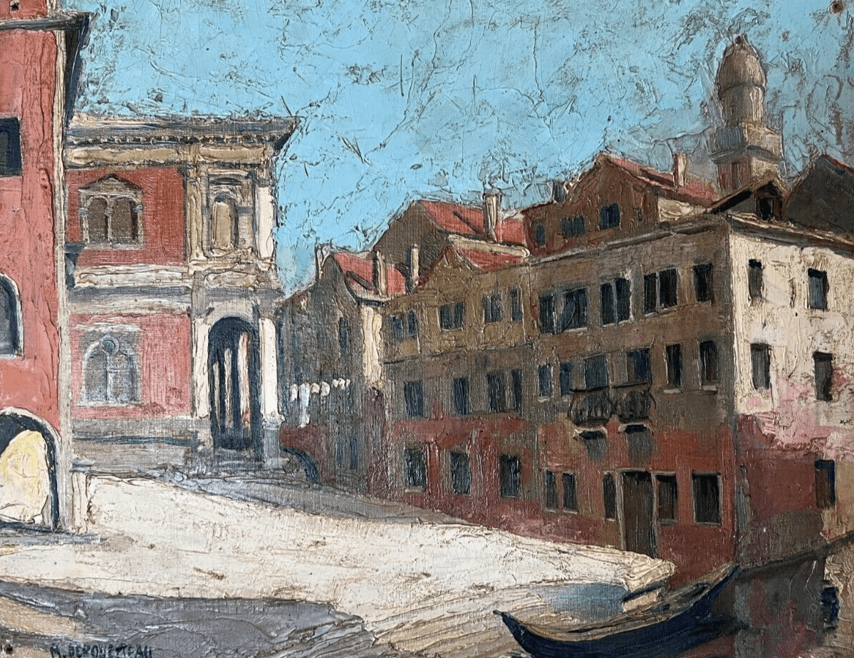 Antique Oil Painting Venice Cityview Landscape Building, Canal, Boat image 1