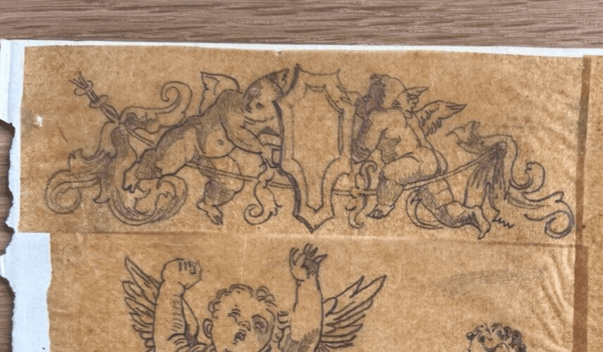 Antique Original Drawing Putti, Angels Portrait, Vase, Architecture 19th century image 5