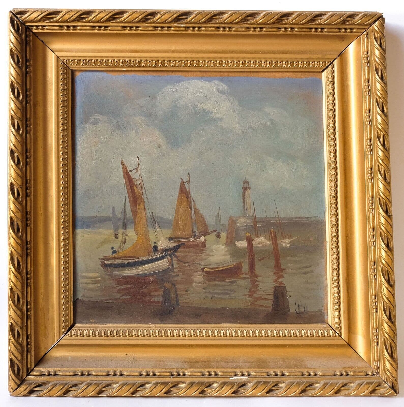 Antique Painting Original Old Maritime Landscape Boats Signed image 2