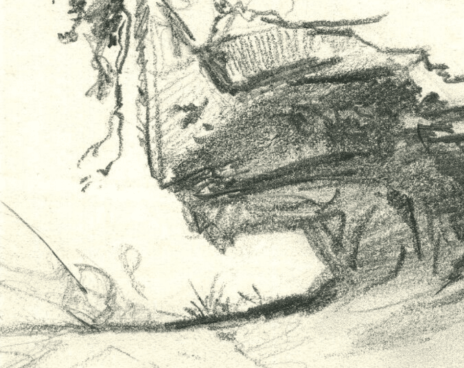 Vintage Pencil Original Drawing Sketch Mountain Rock, Nature image 3