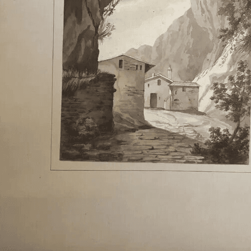 Antique Original Drawing 19th century Mountain Village Landscape image 3