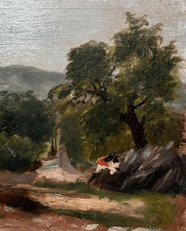 Antique Original Painting Landscape, Optevoz, Houses, People 19th century image 4