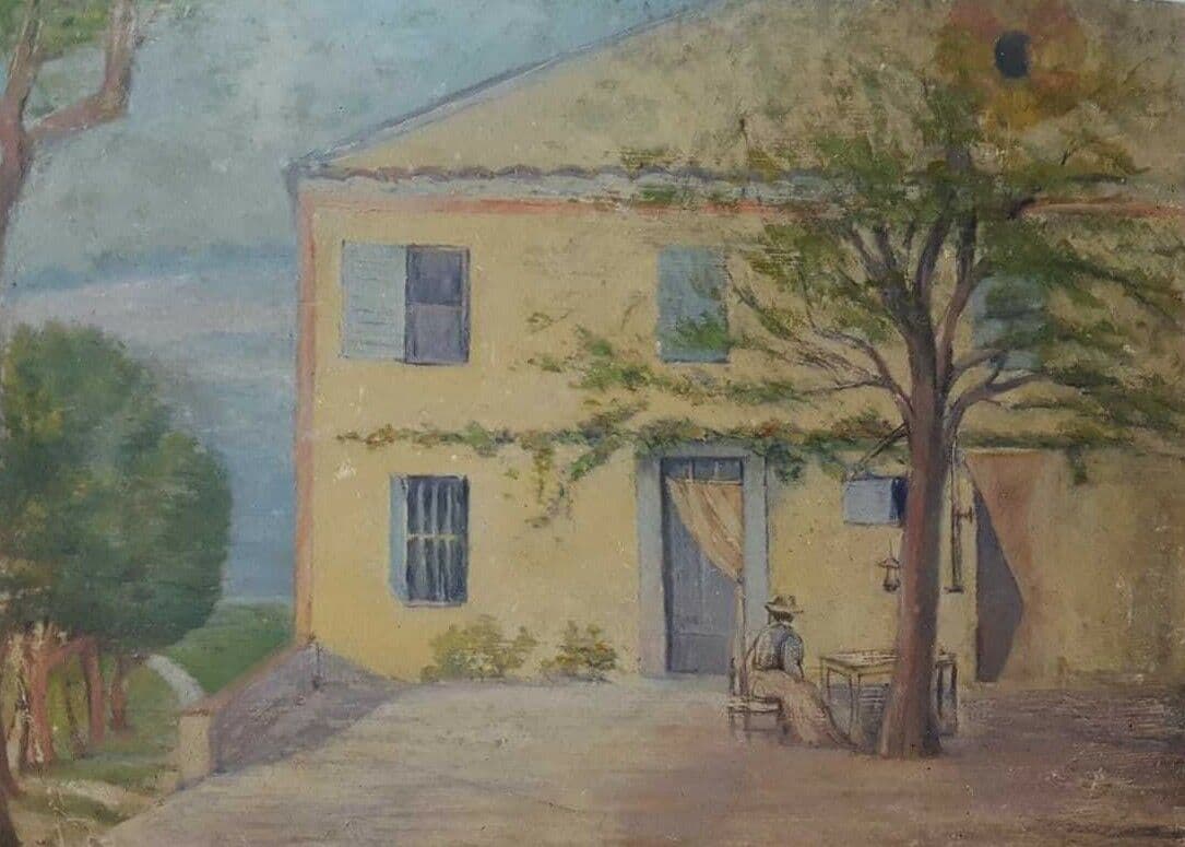 Antique Oil Original Painting House and Woman in Landscape, South of France image 1