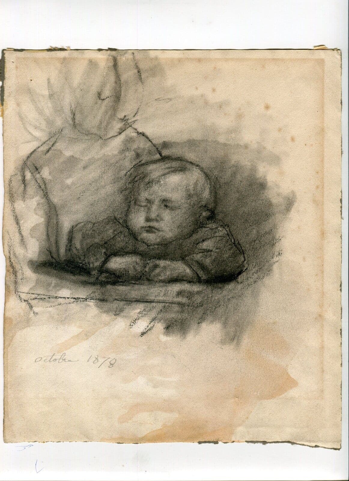 Antique Charcoal Drawing Original 19th century Child Mother Portrait 1878 image 6