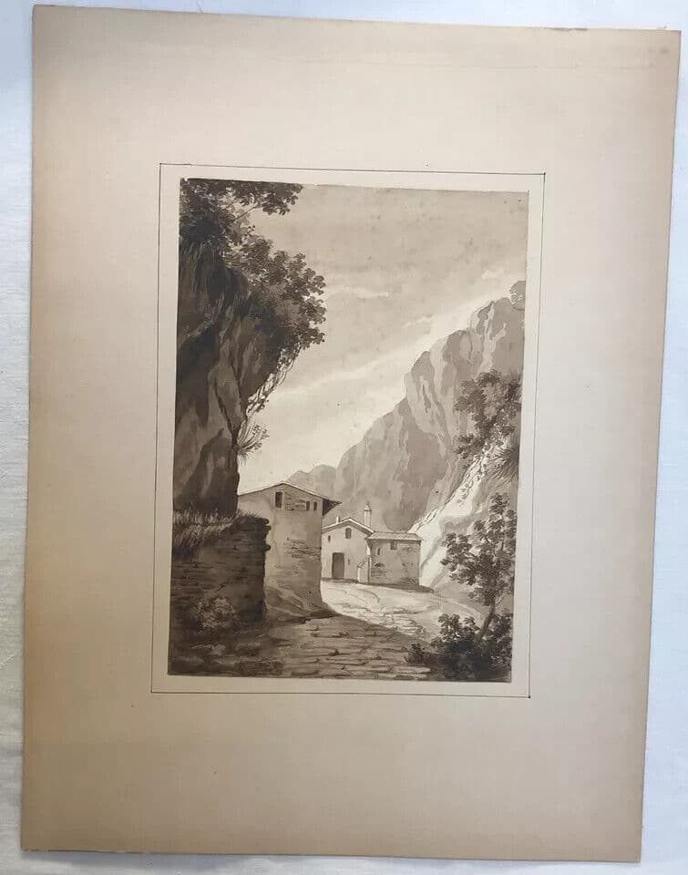 Antique Original Drawing 19th century Mountain Village Landscape image 5