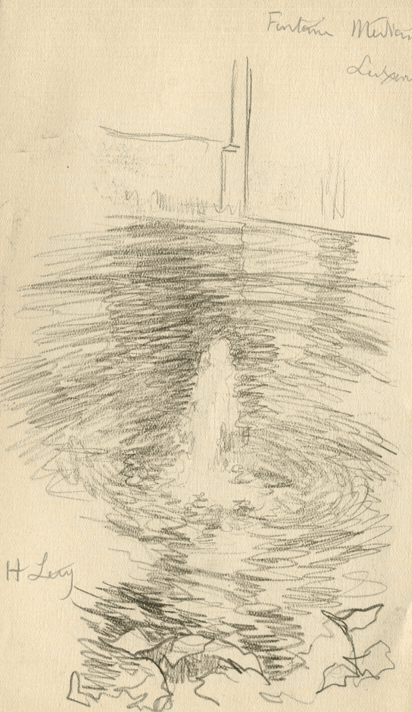 Antique Pencil Drawing Original Signed Landscape Luxembourg Fountain signed