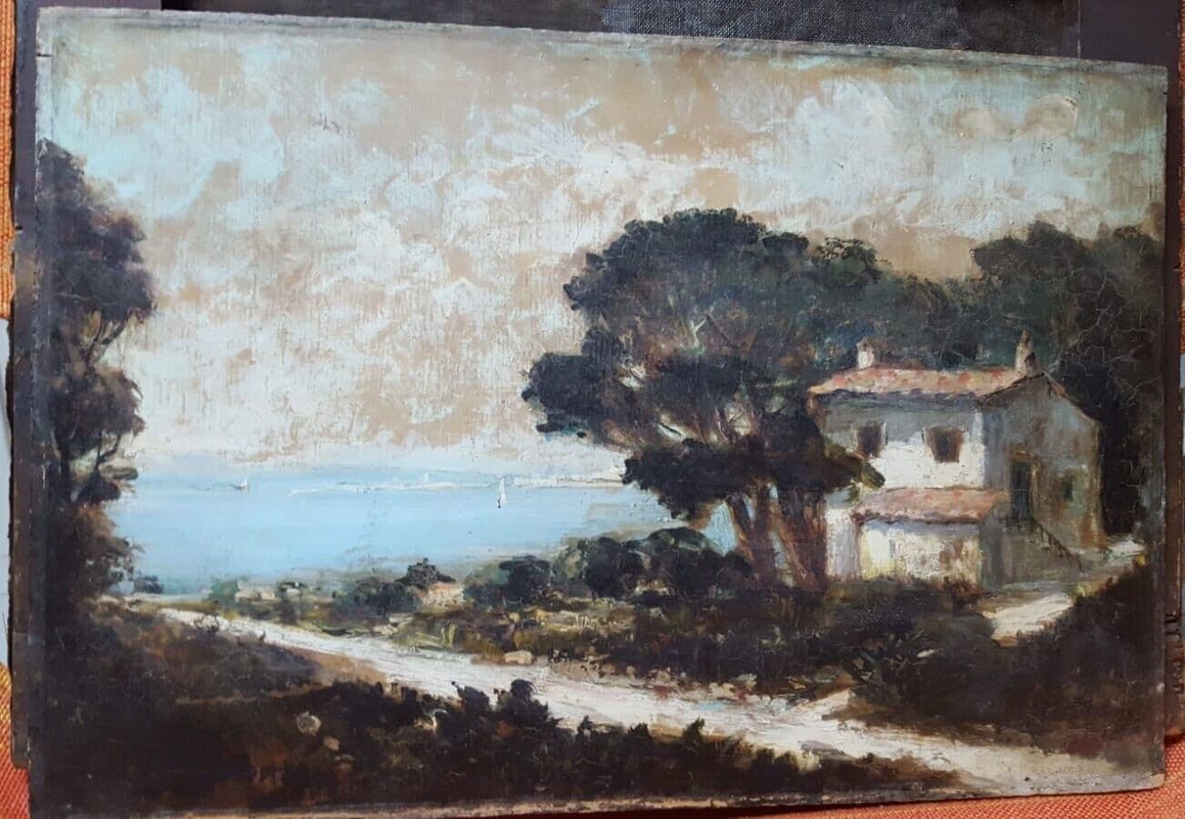 Antique Oil Old Original Painting Signed Landscape by the Sea Artwork image 2