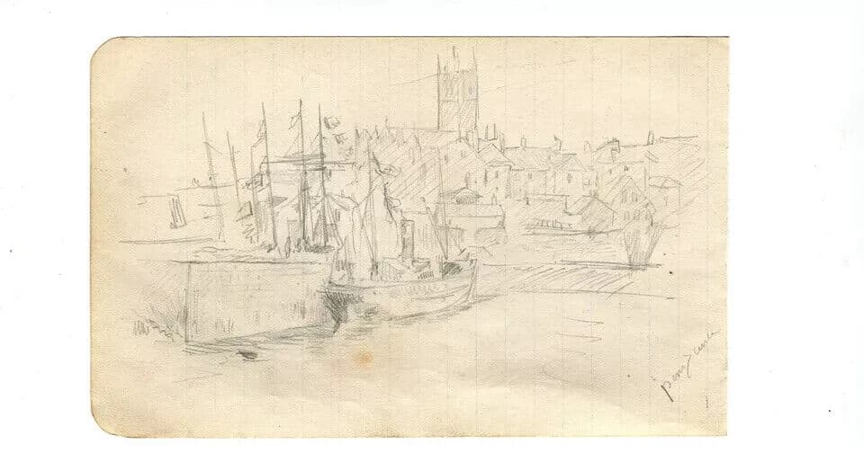 Vintage Original Pencil Drawing Port, Boat Landscape, Cityview Sketch image 5