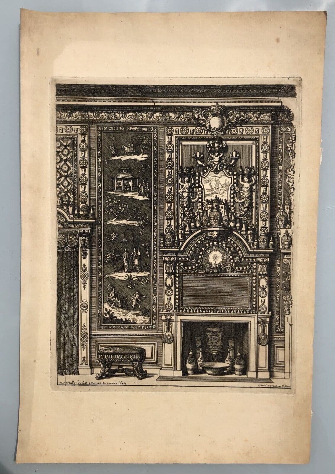 Antique Original Etching Jean MAROT Mariette, Fireplace, Architecture  x7 image 2