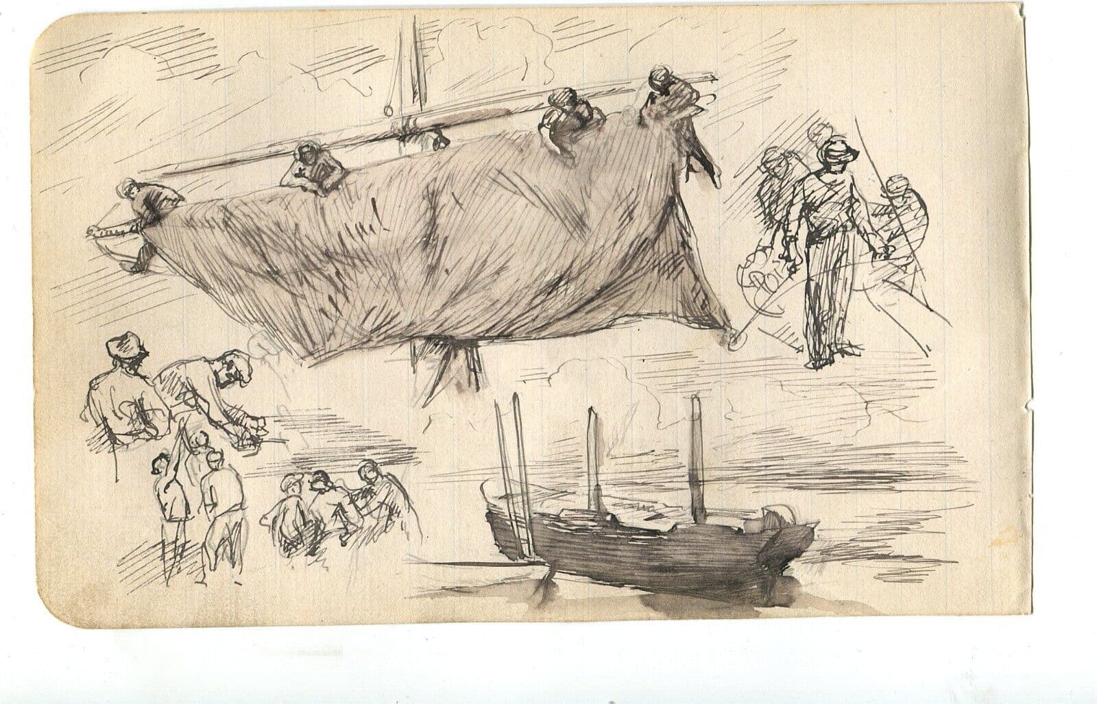 Vintage Ink Drawing Original Sailing, Boat, Sketches Figures Artwork image 4