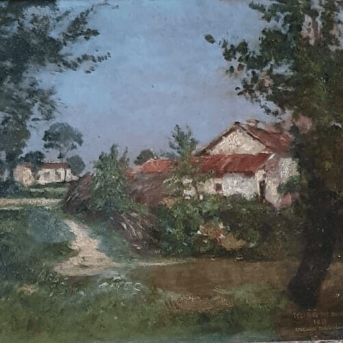 Antique Painting Original Houses, Landscape, Forest, Trees, Town image 3