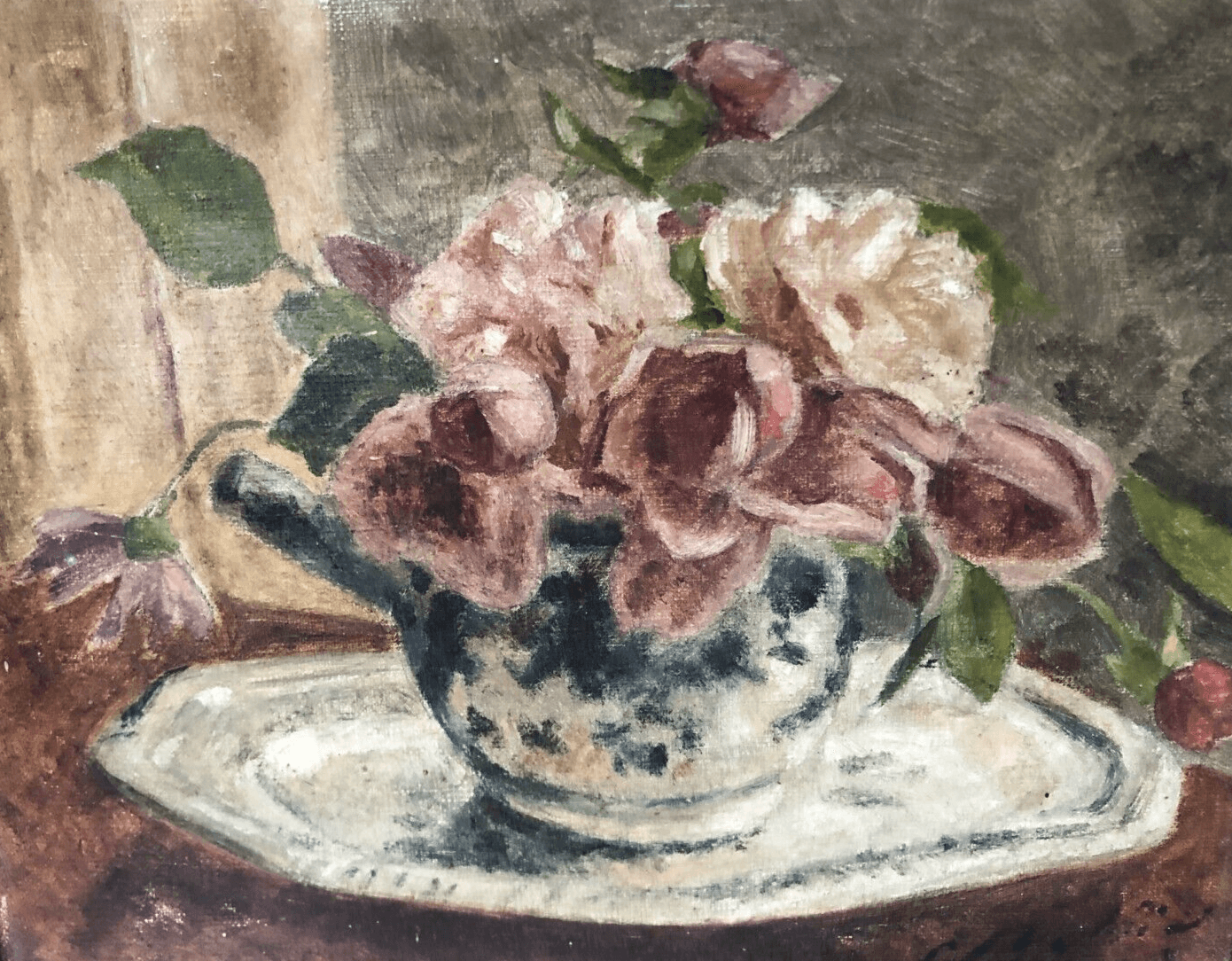 Antique Original Painting Still Life, Bouquet, Flower, Roses, Floral signed image 1